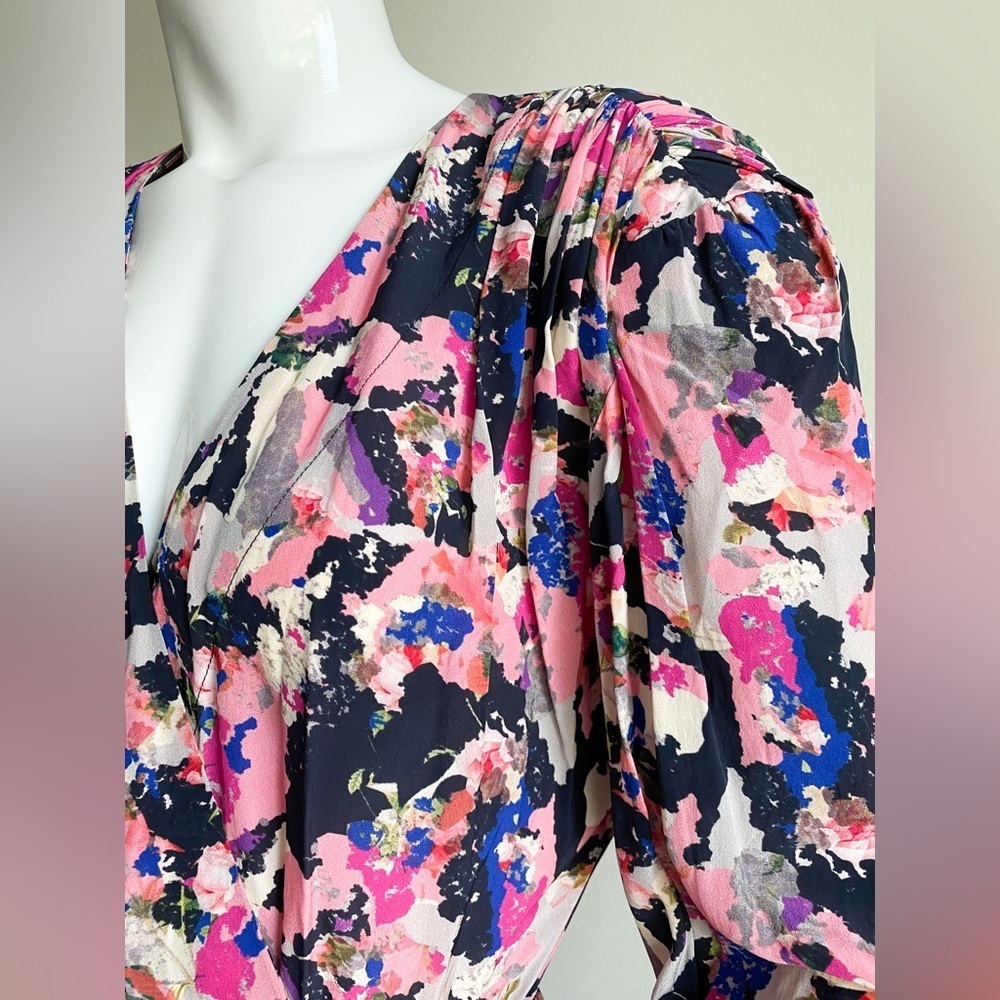 $435‼️IRO Bloomy Printed Pleated Long Sleeve Wrap Ruffle Mini Dress Watercolor 8 - Picture 8 of 13